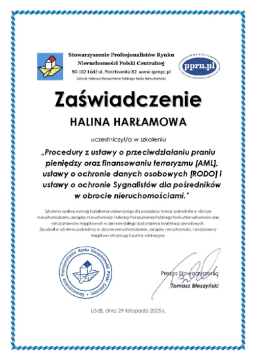 Certyfikat ukończenia szkolenia z zakresu przeciwdziałania praniu pieniędzy (AML)