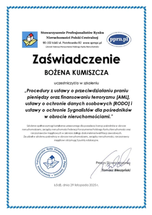 Certyfikat ukończenia szkolenia z zakresu przeciwdziałania praniu pieniędzy (AML)