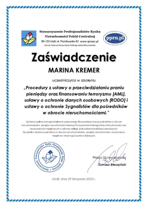 Certyfikat ukończenia szkolenia z zakresu przeciwdziałania praniu pieniędzy (AML)