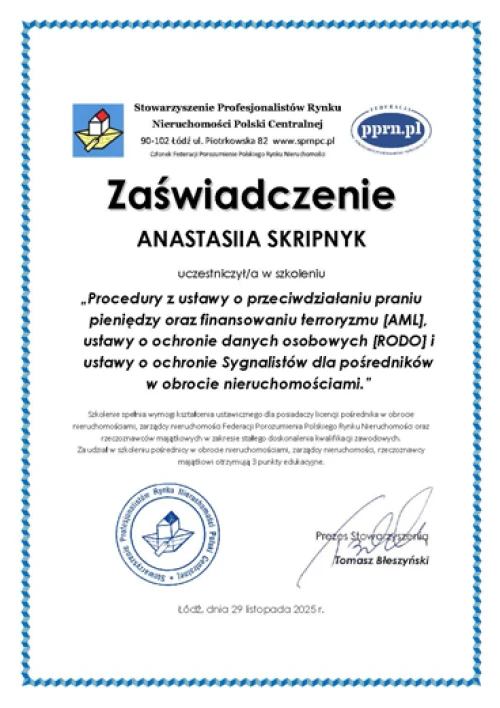 Certyfikat ukończenia szkolenia z zakresu przeciwdziałania praniu pieniędzy (AML)